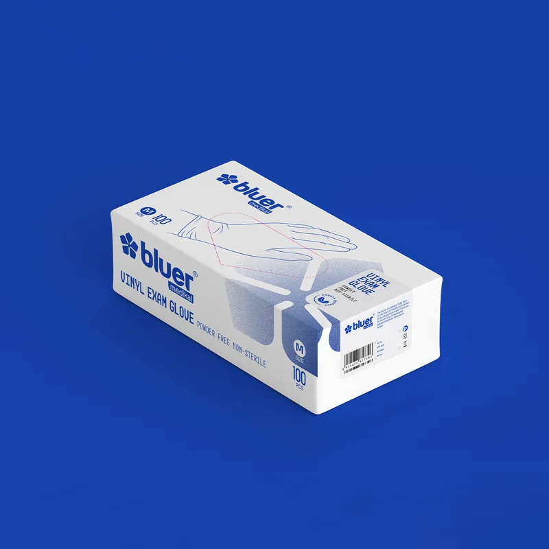 Bluer vinyl muayene eldiveni - pudrasız, steril olmayan, M beden